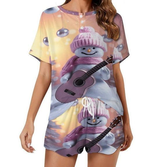 Christmas Snowmen Pajama Set for Women 2 Piece Sleepwear Loungewear Short Sleeve