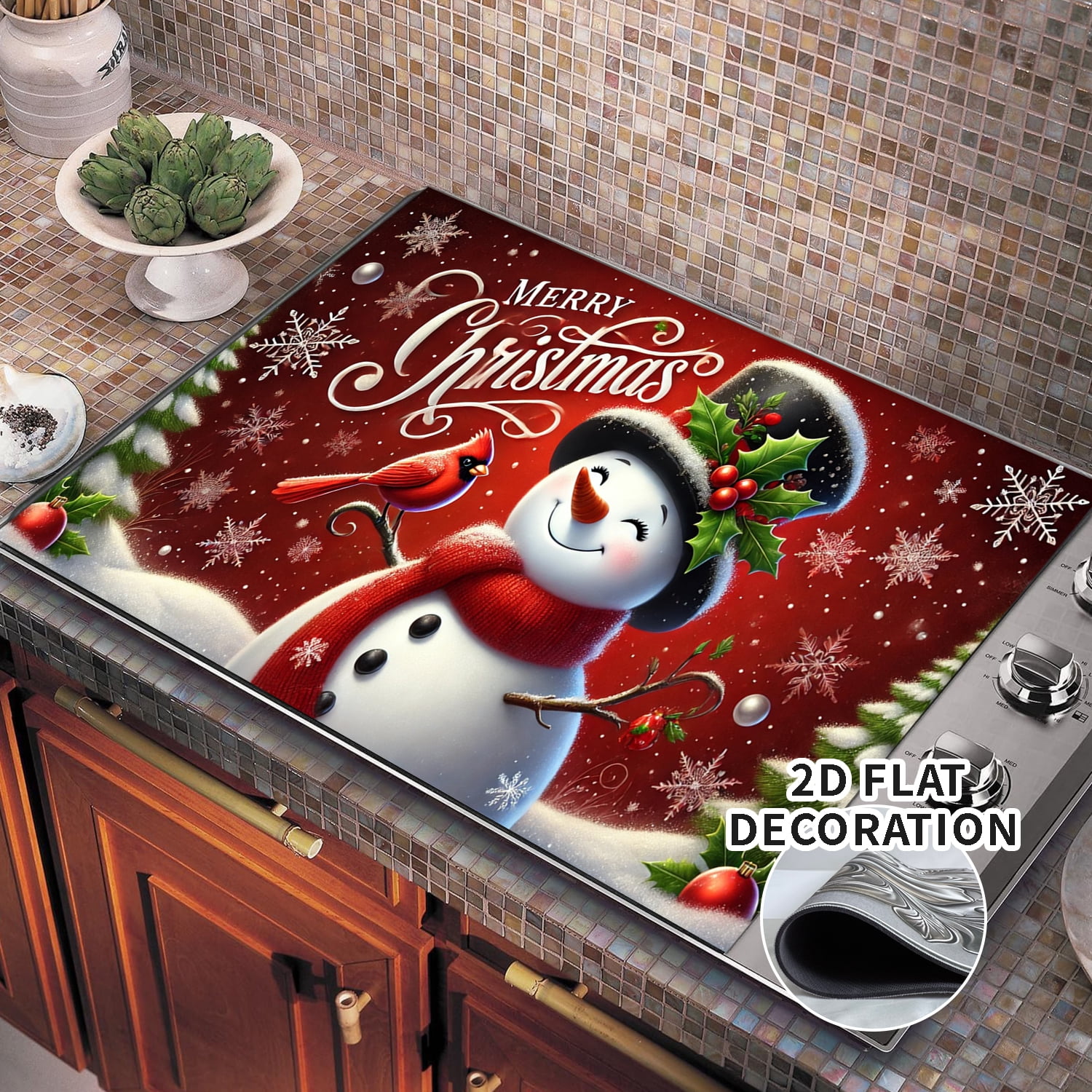 Christmas Snowmen Stove Cover Let It Snow Winter Stove Top Cover for Kitchen Decor Red Electric Stove Pad Xmas Party Non-Stick Gas Burners Covers Washable 28x20 inch, 1Pc