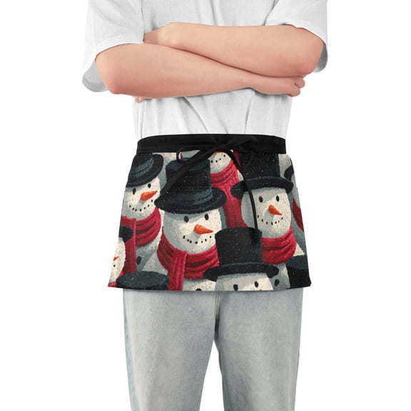 Christmas Snowmen with Red Scarf Black Hats Short Server Apron with 3 Pockets for Unisex Chef Gardening