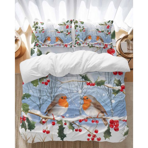 Christmas Snowy Bedding Duvet Cover Set Full Size 4 Pieces Day The Birds on The Holly Berry Branch Bedding Set with Zipper Closure, 1 Comforter Cover 86x86 Inches 1 Flat Sheet & 2 Pillow Cases
