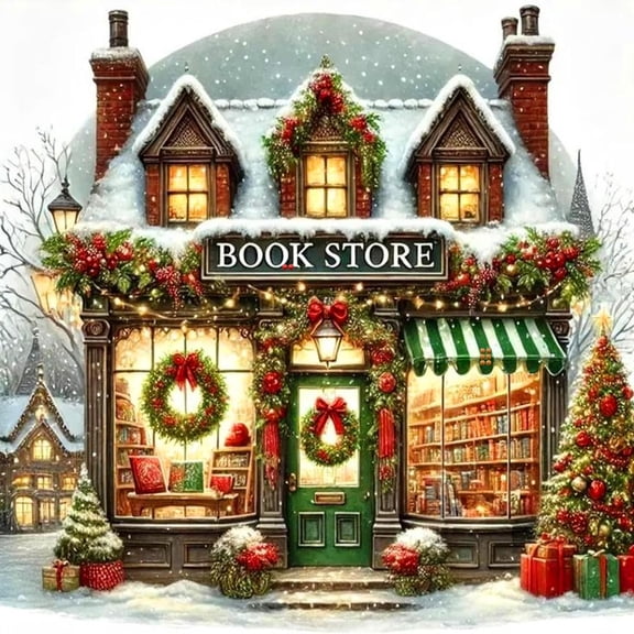 Christmas Snowy Book Store Diamond Paintings Kits for Adults, 5D DIY Full Round Drill Diamond Art Kits, Home Wall Decor 14 x14 Inch