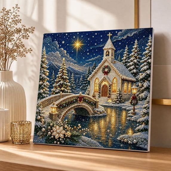 Christmas Snowy Church Diamond Painting Kit for Adult Beginners 20x20cm Full Round Resin Rhinestone Bead Art with Inner Frame Backboard Starry Winter Forest River Scene Wall Decor Xmas Gift