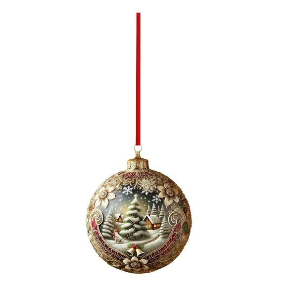 Christmas Snowy Decorative Ball Ornament, Vintage Red Gold Finish Ball Hanging for Christmas tree, Snow House, Poinsettia, Acrylic Porcelain, Christmas Surprise Ornament