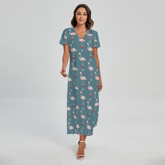 Christmas Snowy Flamingo Pattern Printed Short Sleeve Maxi Dress, Jesus Christian Fashion Summer Maxi Dress For Women