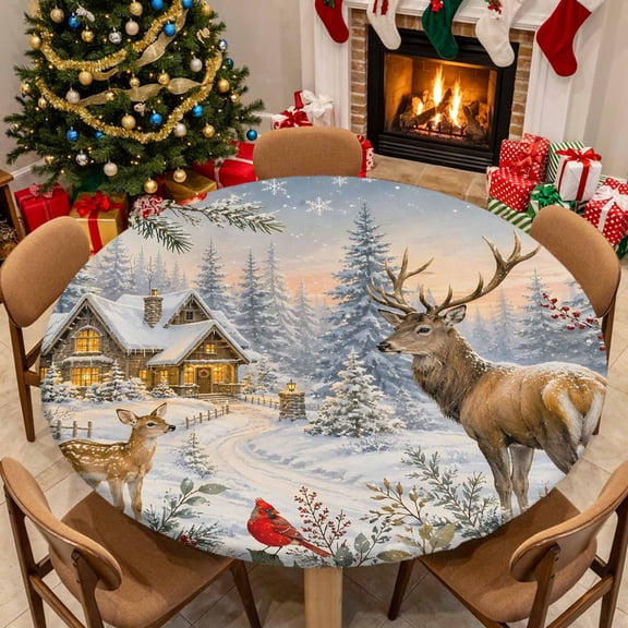 Christmas Snowy Forest Round Fitted Tablecloth Winter Deer Farm Cardinal Pine Trees Elastic Table Cloth Waterproof Oil Proof Table Cover Fits 36"-44" Tables Round Tables for Party Picnic Dinner Decor
