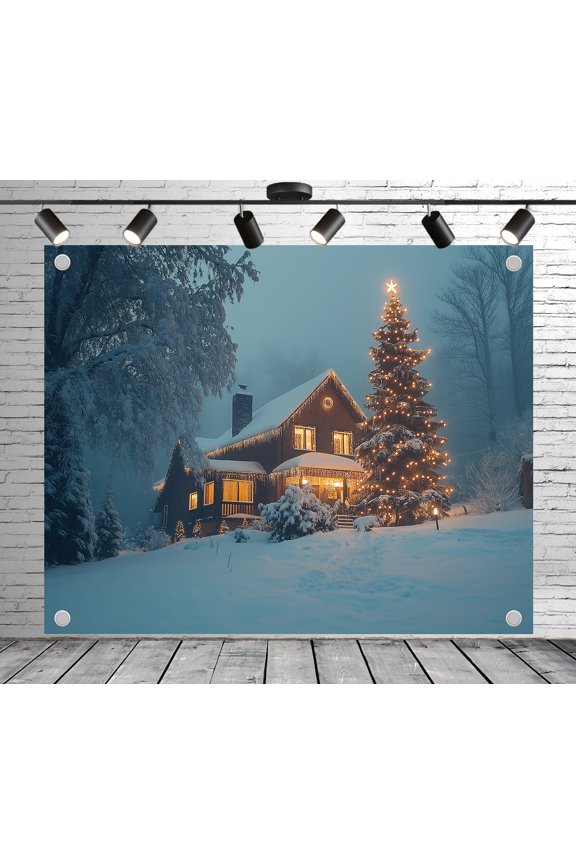 Christmas Snowy House Backdrop | Polyester Fabric Banner Decorative Curtains for Theme Party Christmas Event Photography Booth Studio Props