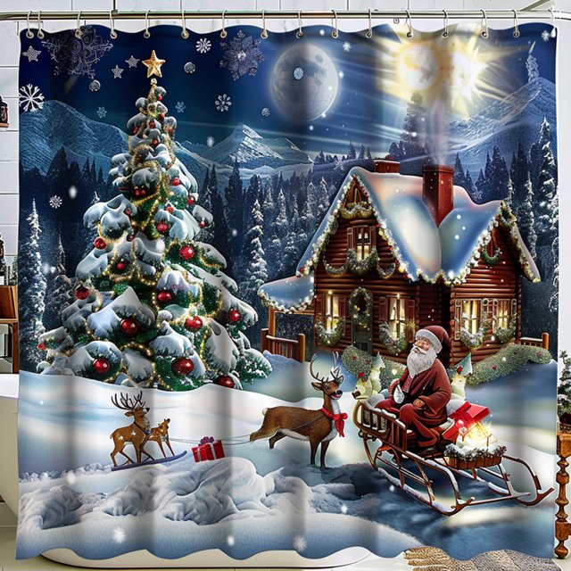 Christmas Snowy Night Shower Curtain Mulan Santa Claus Reindeer Sled
