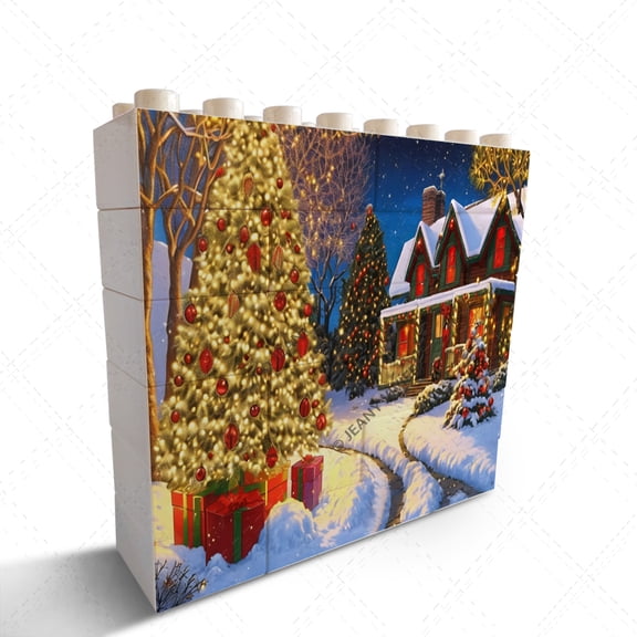 Christmas Snowy Town Picture Home Office Desk Decor Decorative Sign Novelty Building Brick Funny Block Puzzle Horizontal Shaped Picture Christmas Birthday Housewarming Gift