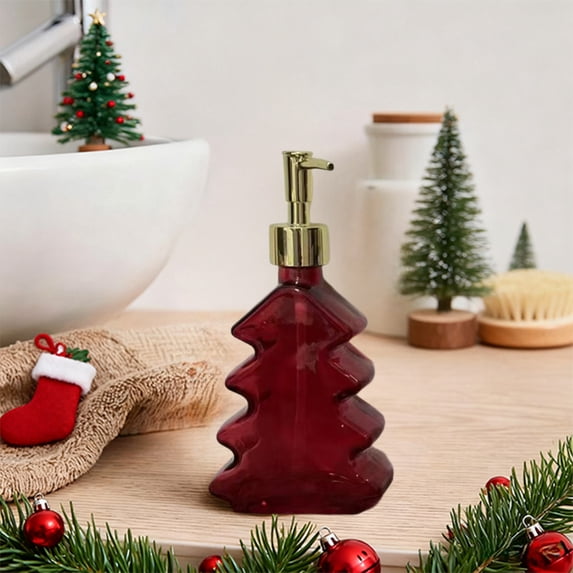 Christmas Soap Dispenser Bathroom, Green Glass Dish Soap Dispensers for Kitchen, Christmas Tree Hand Soap Dispenser, Refillable Liquid Lotion Bottle with Silver Plastic Pump, Christams Decor