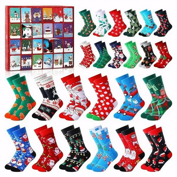Christmas Socks Advent Calendar, 24 Pairs Christmas Crew Socks Countdown to 2025 Christmas, 24-Days Surprise Christmas Gifts Warm Cotton Socks