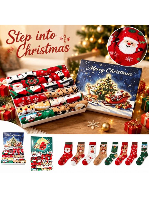 Christmas Socks Advent Calendar Soft Knit Holiday Crew Socks 24 Day Countdown Blind Box for Family Stocking Stuffers, 24 Pairs