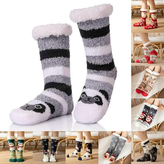 Christmas Socks Floor Thick Velvet Mid Calf Socks Home Sleep Carpet Fall Winter Warm Cozy Funky Comfortable Womens Crew Socks Green
