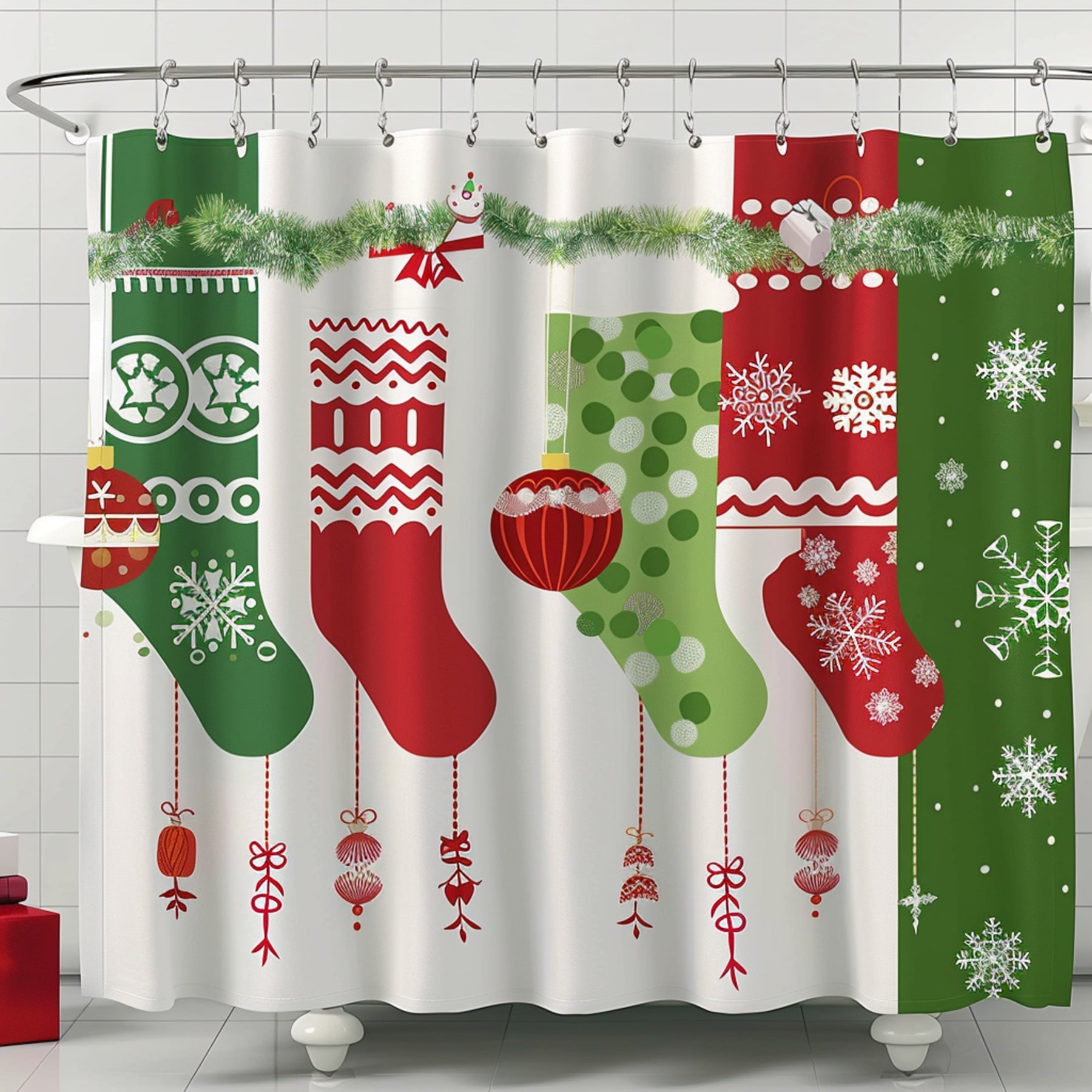 Christmas Socks Holiday Shower Curtain White Background with Green and ...
