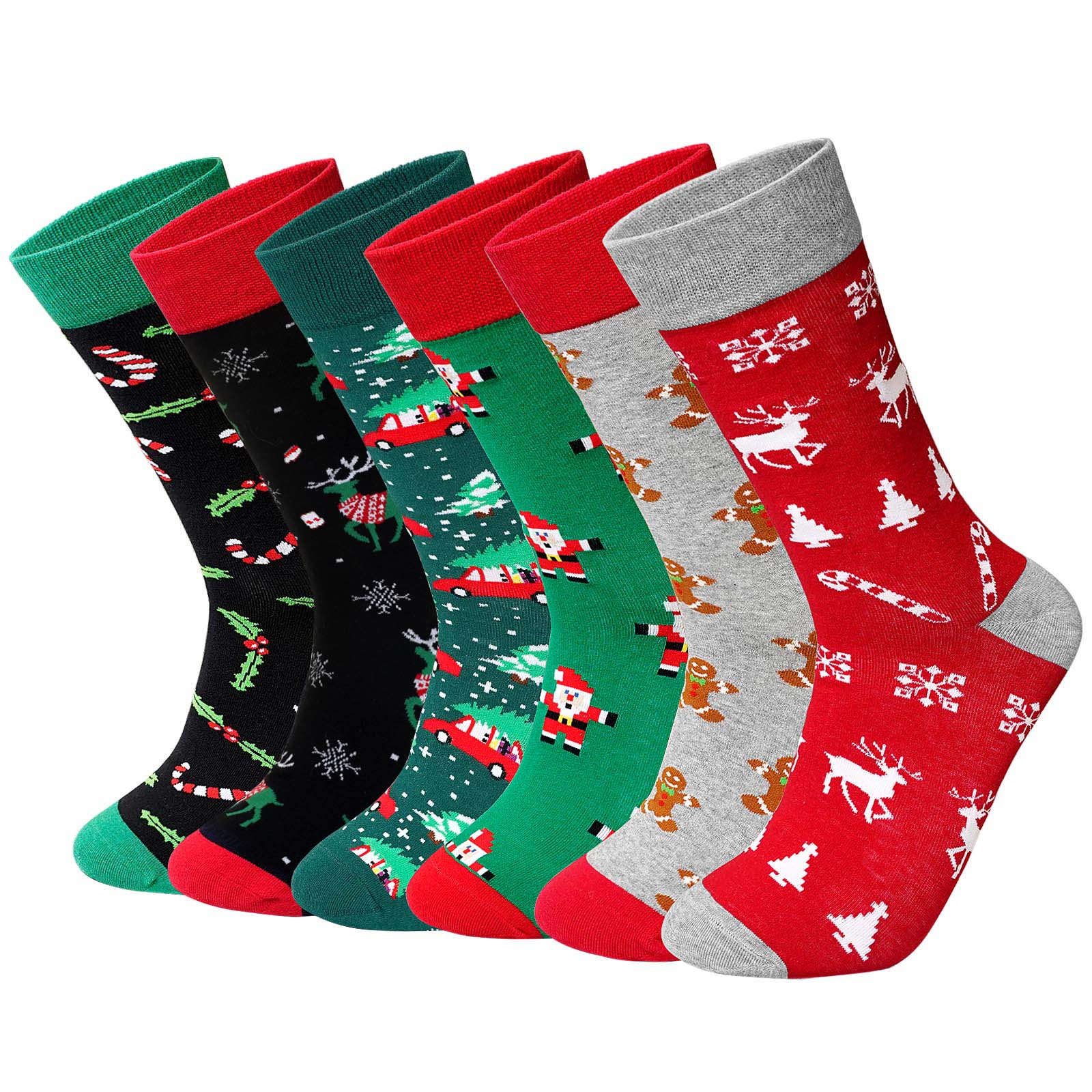 6 Pairs Christmas Winter Warm Crew Socks For Women - Assorted Holiday Patterns - Size 9-11