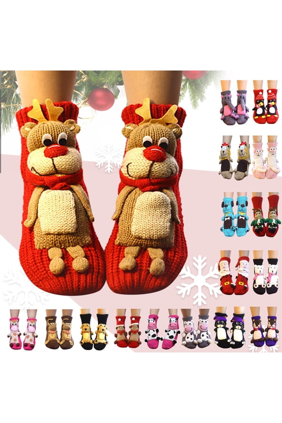 Christmas Socks Unisex Floor Handmade Woolen Knitting Thickened Cartoon Animal Socks Funky Warm Comfortable Men Womens Socks Red1