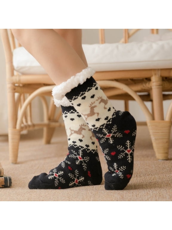 Christmas Socks for Women Cute Cartoon Cozy Warm Sleep Socks with Fluffy Cuff, Soft Lined House Sock for Cold Nights, Postpartum Recovery, Bedtime and Home Comfort