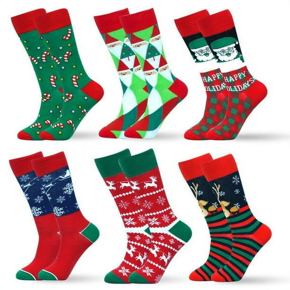 Christmas Socks for Men&Women, 6 Pack Mens Christmas Socks, Xmas Crew Socks US Size 6-13(Style 01)