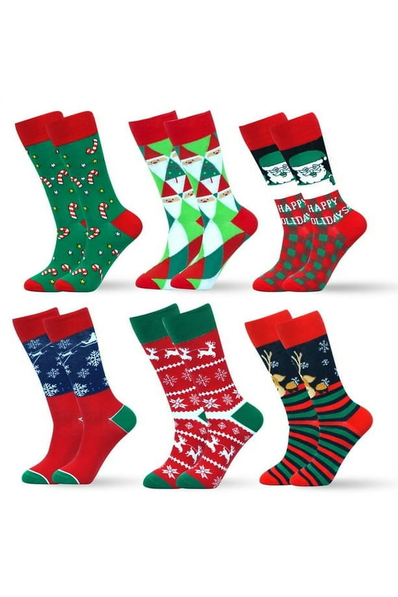 Christmas Socks for Men&Women, 6 Pack Mens Christmas Socks, Xmas Crew Socks US Size 6-13(Style 01)