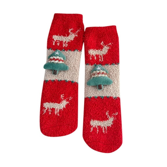 Christmas Socks for Women Christmas Cartoon Coral Velvet Mid Tube Socks Warm Thick Red