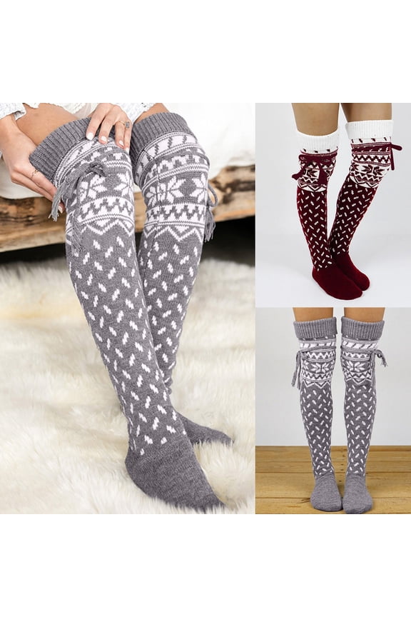 Christmas Socks for Women Winter Warm Fluffy Knit Knee High Socks Funny Xmas Gift Holiday Cozy Soft Long Women's Socks One Size