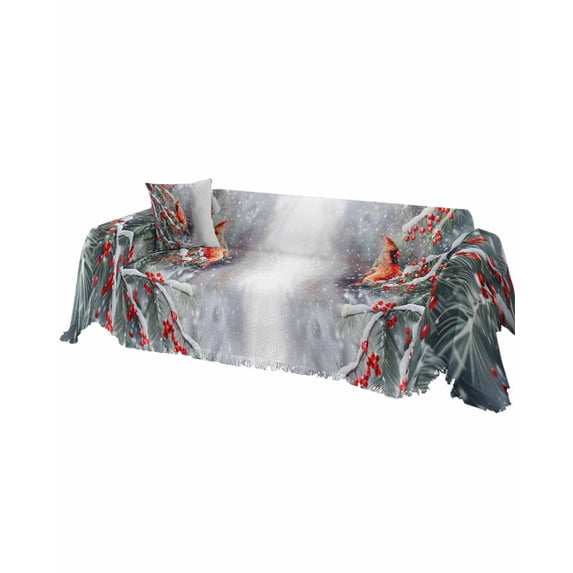 Christmas Sofa Couch Covers for 3 Cushion Couch, Washable L Shape Sectional Sofa Covers for Loverseat/Pets/Kids, Xmas Birds Berry Red Snowflake Slipcover Blanket Futon Cover 71''x134''