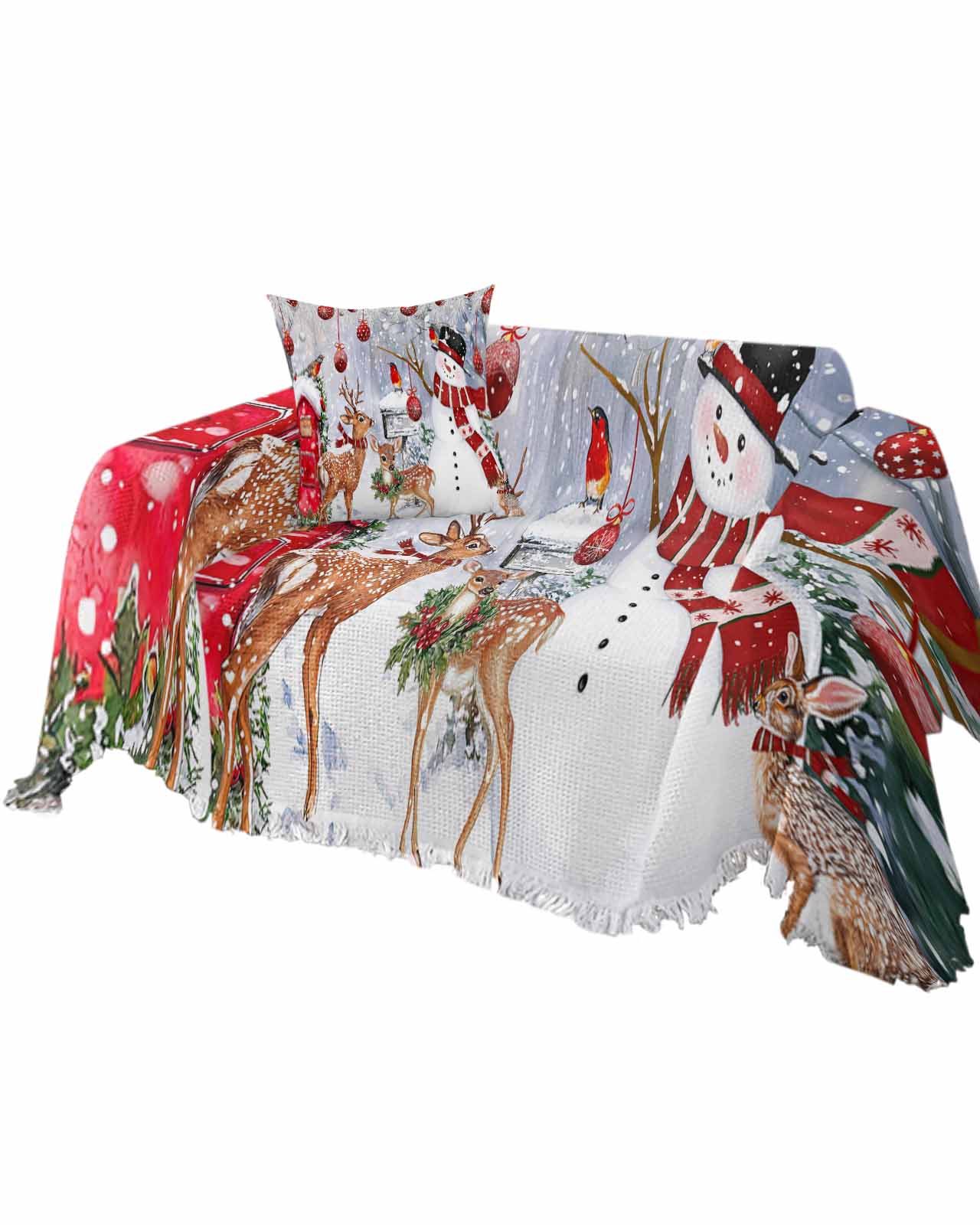 Christmas Sofa Couch Covers for Dogs, Washable Sectional Couch Slipcovers for Loveseat with Tassels, Xmas Snowman Balls Elk Snowflake Non Slip Sofa Throw Cover Blanket L 71''x102''