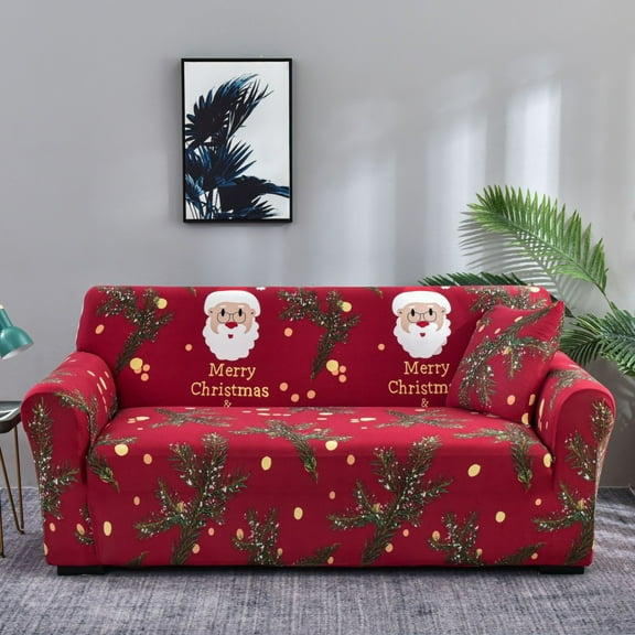 Christmas Sofa Cover Santa Claus Printed Sofa Couch Cover Washable Furniture Protector with Elastic Bottom Xmas Home Room Festival Decoration