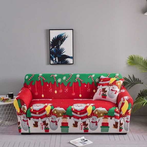 Christmas Sofa Cover Santa Claus Printed Sofa Couch Cover Washable Furniture Protector with Elastic Bottom Xmas Home Room Festival Decoration