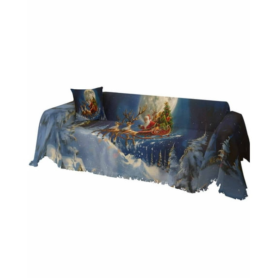 Christmas Sofa Covers for 3 Cushion Couch, Washable Sectional & L Shape Couch Covers for Dogs/Cats/Kids, Blue Xmas Tree Santa Elk Moon Night Non Slip Sofa Slipcover Futon Cover 71''x150''
