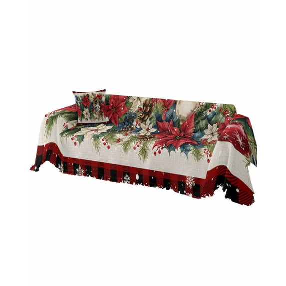 Christmas Sofa Covers for 3 Cushion, Washable Couch Cover for Sectional Sofa Slipcovers with Tassel, Xmas Botanical Poinsettia Balls Red Plaid Loveseat Covers Futon Cover Blanket 71''x118''