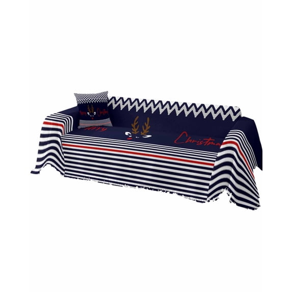 Christmas Sofa Covers for 3 Cushion, Washable Couch Cover for Sectional Sofa Slipcovers with Tassel, Xmas Navy Blue Striped Farmhouse Loveseat Covers Futon Cover Blanket 71''x118''