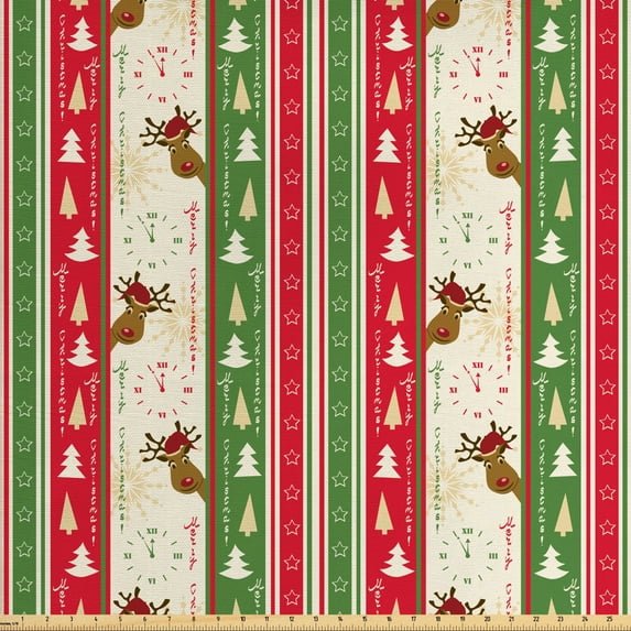 Ambesonne Christmas Fabric by the Yard Upholstery, Deer Pines Borders, 5 Yards, Green Dark Coral White