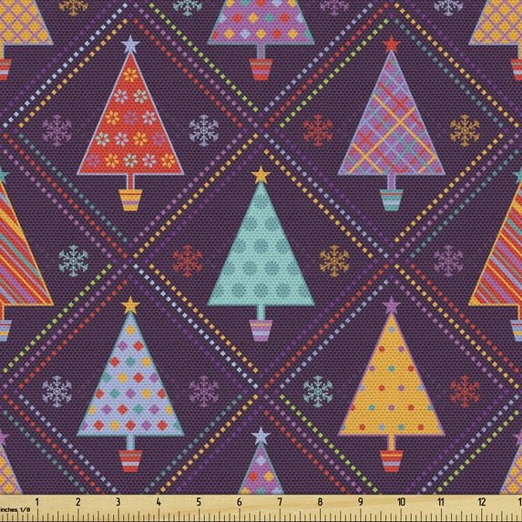 Ambesonne Christmas Fabric by the Yard Upholstery, Tree Rhombus, 1 Yard, Multicolor