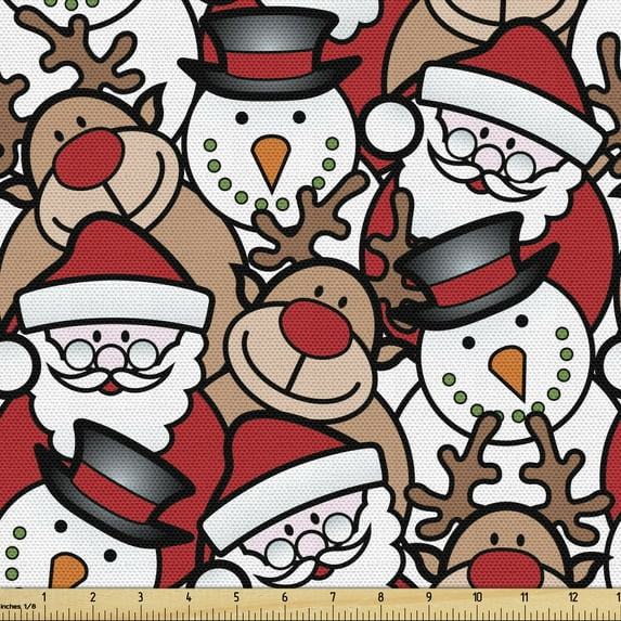 Ambesonne Christmas Fabric by the Yard Upholstery, Snowman Reindeer, 1 Yard, Pale Brown White and Red