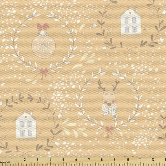 Ambesonne Christmas Fabric by the Yard Upholstery, Ornaments and Reindeers, 10 Yards, Pastel Brown Multicolor