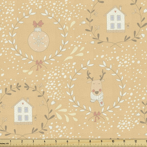 Christmas Sofa Upholstery Fabric by the Yard, Theme Image of Ornaments Reindeers and Double-storey Houses, Decorative Fabric for DIY and Home Accents, Pastel Brown Multicolor by Ambesonne