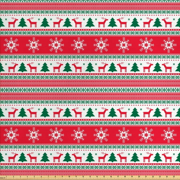 Ambesonne Christmas Fabric by the Yard Upholstery, Reindeer Snowflake, 5 Yards, Vermilion Green White