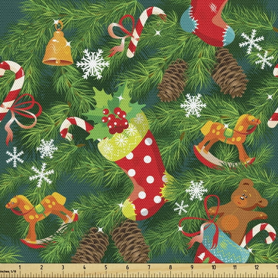 Ambesonne Christmas Fabric by the Yard Upholstery, Xmas Accessories Pine, 1 Yard, Dark Green Brown and Red