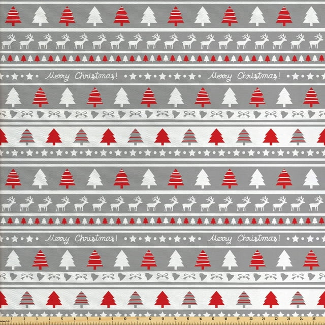 Ambesonne Christmas Fabric by the Yard Upholstery, Deer Trees Borders, 5 Yards, Grey White and Red