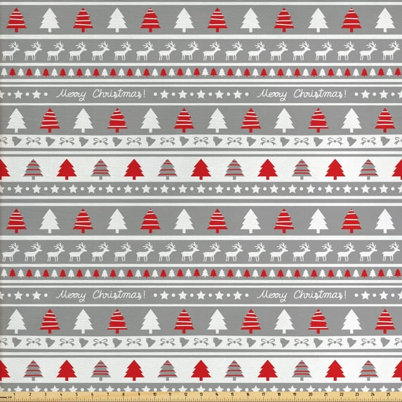 Ambesonne Christmas Fabric by the Yard Upholstery, Deer Trees Borders, 2 Yards, Grey White and Red