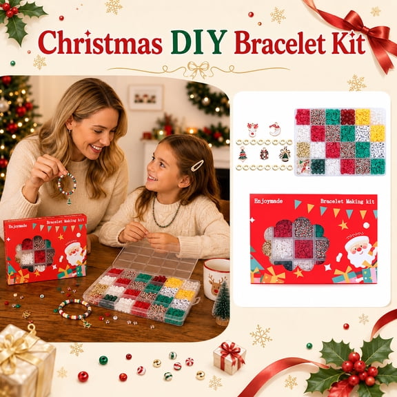 Christmas Soft Clay Beaded Jewelry Bracelet Making Kit, Candy Cane Christmas Tree Reindeer Charms, Fun DIY Hand Beading Set for Family Holiday Handmade Jewelry Making Activities
