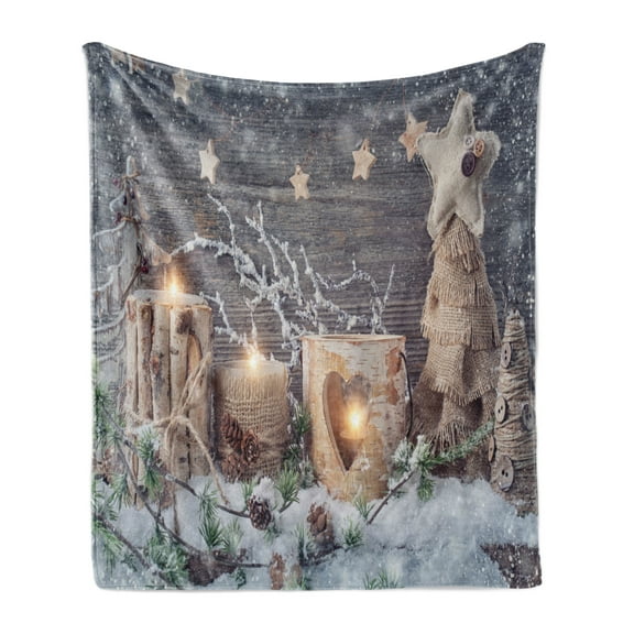 Christmas Soft Flannel Fleece Blanket, Candle Winter Holiday Themed Arrangement with Snow and Fir Tree Leaves Print, Cozy Plush for Indoor and Outdoor Use, 50" x 70", Khaki and Grey, by Ambesonne