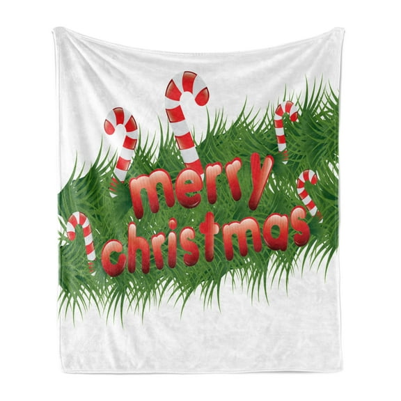 Christmas Soft Flannel Fleece Blanket, Candy Canes on Abstract Garland Design Happy Wishes for Upcoming Holiday Natural, Cozy Plush for Indoor and Outdoor Use, 50" x 70", Emerald Red, by Ambesonne