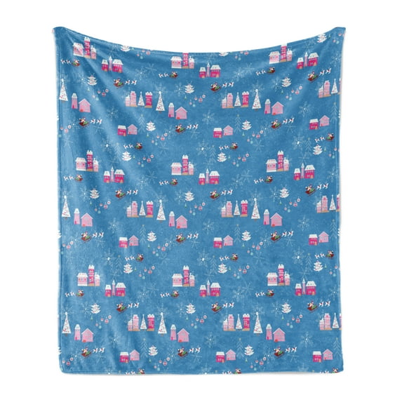 Christmas Soft Flannel Fleece Blanket, Cartoonish Noel Scenery with Trees Santa Deer Buildings and Snowflakes, Cozy Plush for Indoor and Outdoor Use, 50" x 60", Sea Blue Multicolor, by Ambesonne
