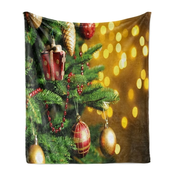Christmas Soft Flannel Fleece Blanket, Close up Composition Christmas Tree Branches Blurred Fairy Backdrop Picture, Cozy Plush for Indoor and Outdoor Use, 50" x 60", Amber Green Red, by Ambesonne