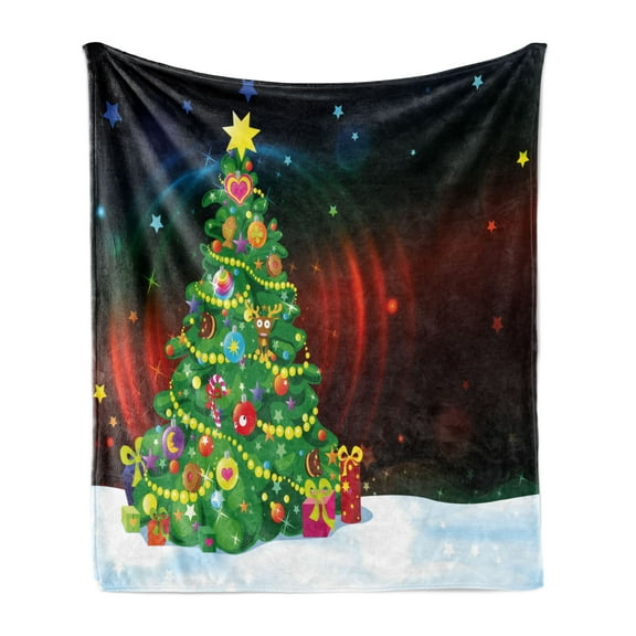 Christmas Soft Flannel Fleece Blanket, Colorful Funny Designed Xmas Tree Abstract Backdrop with Stars Presents Cartoon, Cozy Plush for Indoor and Outdoor Use, 70" x 90", Multicolor, by Ambesonne