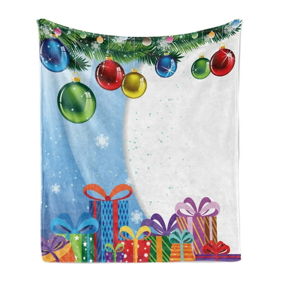 Christmas Soft Flannel Fleece Blanket, Colorful Surprise Present Boxes Bowties and Vibrant Xmas Balls Fir Tree Branches, Cozy Plush for Indoor and Outdoor Use, 50" x 70", Multicolor, by Ambesonne