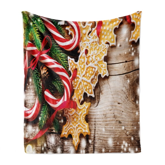 Christmas Soft Flannel Fleece Blanket, Cookies and Candy Canes on Wooden Tree Board Winter Table Spread Season Elements, Cozy Plush for Indoor and Outdoor Use, 50" x 60", Multicolor, by Ambesonne