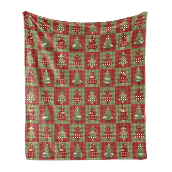 Christmas Soft Flannel Fleece Blanket, Different Styled Noel Trees on Checkered Squares Background Vintage Quilt, Cozy Plush for Indoor and Outdoor Use, 50" x 60", Ruby Reseda Green, by Ambesonne