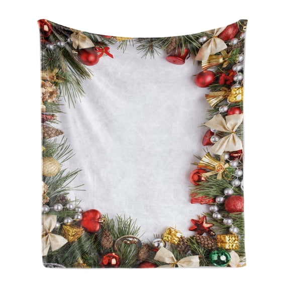 Christmas Soft Flannel Fleece Blanket, Dressed New Year Tree Bedizen Garnished Fir Needles Spruce Yuletide Border Print, Cozy Plush for Indoor and Outdoor Use, 60" x 80", Multicolor, by Ambesonne